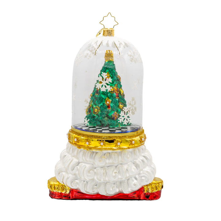 Enchanted Guard ornament. A ballerina dances around a Christmas tree inside a snow globe that makes up the guard's hat. View of back.