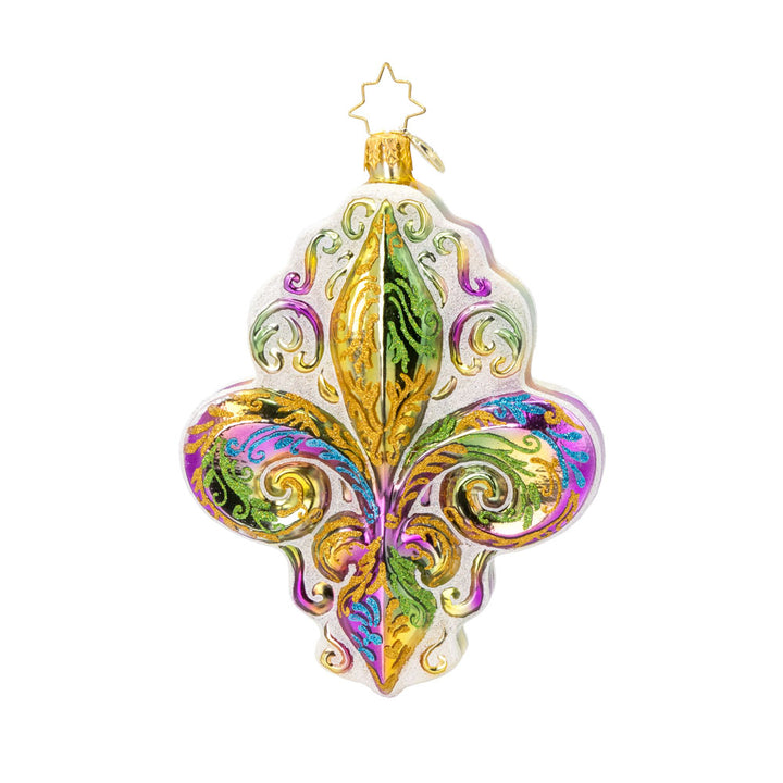 Fleur de Lis Charm Ornament. This Fleur de Lis symbol captures the essence of Mardi Gras with its dazzling design and bold colors. View of front.