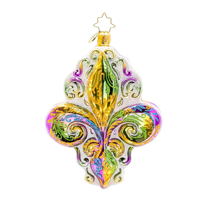 Fleur de Lis Charm Ornament. This Fleur de Lis symbol captures the essence of Mardi Gras with its dazzling design and bold colors. View of back.