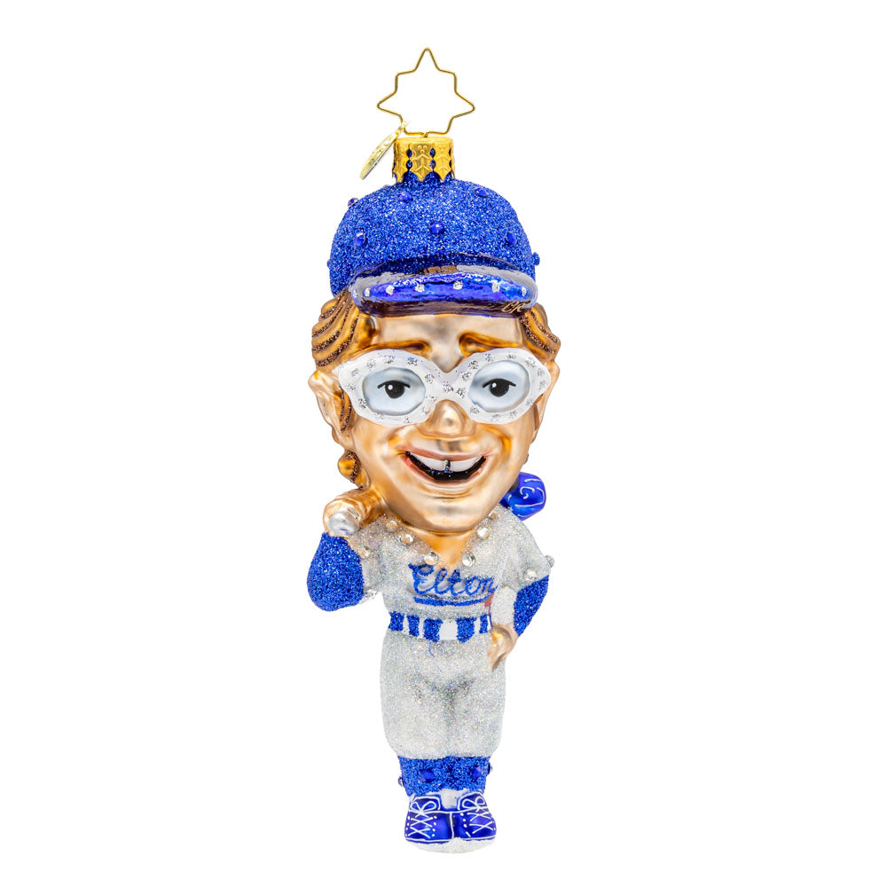 Elton's Grand Slam ornament. Featuring the iconic musician in a full-on baseball getup. View of front.