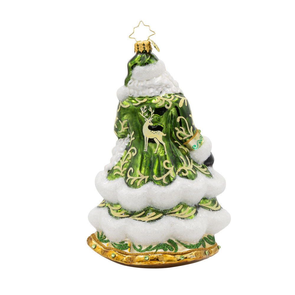 This European-style Santa Claus ornament dons a vibrant green robe, adorned with intricate details and shimmering embellishments. View of back.