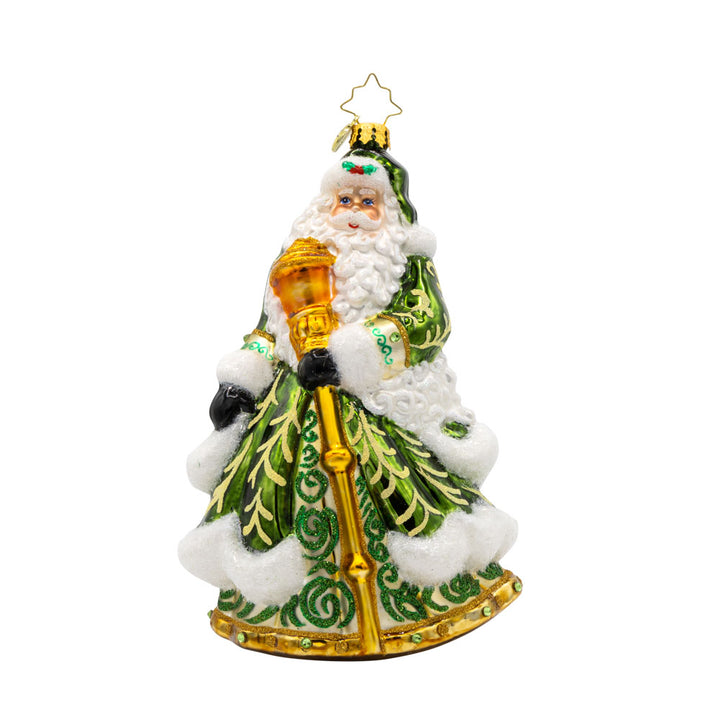 This European-style Santa Claus ornament dons a vibrant green robe, adorned with intricate details and shimmering embellishments. View of front.