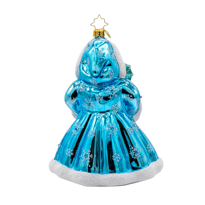 This Santa Claus ornament dons a blue robe, meticulously crafted and adorned with exquisite details. Viewed from back.