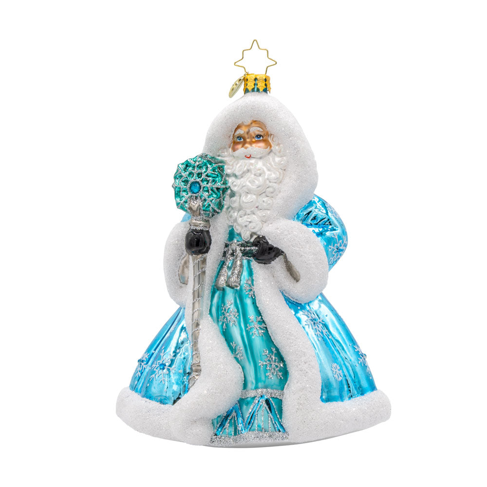 This Santa Claus ornament dons a blue robe, meticulously crafted and adorned with exquisite details. Viewed from front.