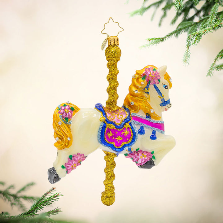 Merry-Go-Round Horse Christmas ornament. View of left side.