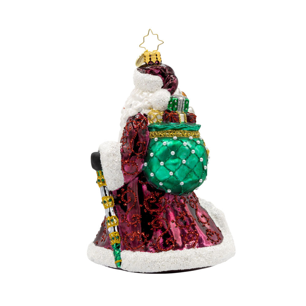 This elegant Christmas ornament captures a captivating portrayal of Santa Claus and his wise owl companion. Viewed from back.