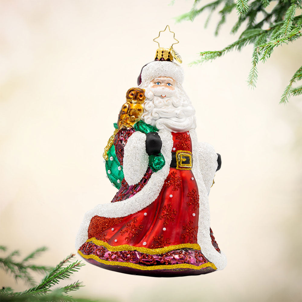 This elegant Christmas ornament captures a captivating portrayal of Santa Claus and his wise owl companion. Viewed from front.