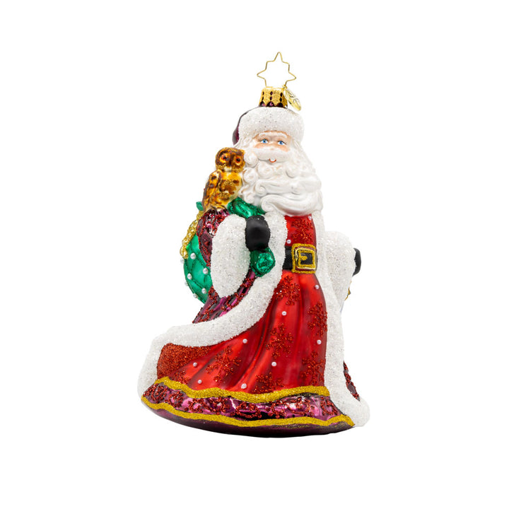 This elegant Christmas ornament captures a captivating portrayal of Santa Claus and his wise owl companion. Viewed from front.