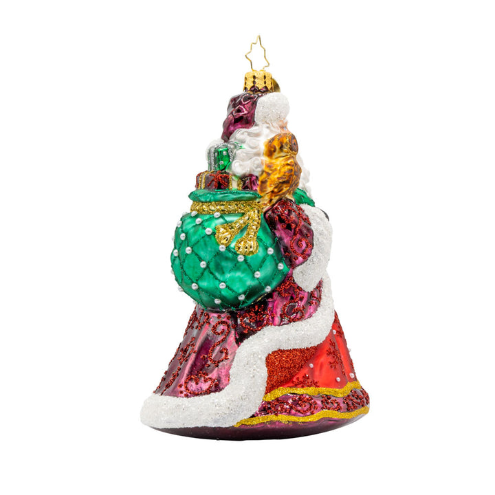 This elegant Christmas ornament captures a captivating portrayal of Santa Claus and his wise owl companion. Viewed from left side.