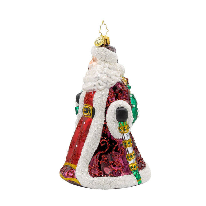 This elegant Christmas ornament captures a captivating portrayal of Santa Claus and his wise owl companion. Viewed from right side.