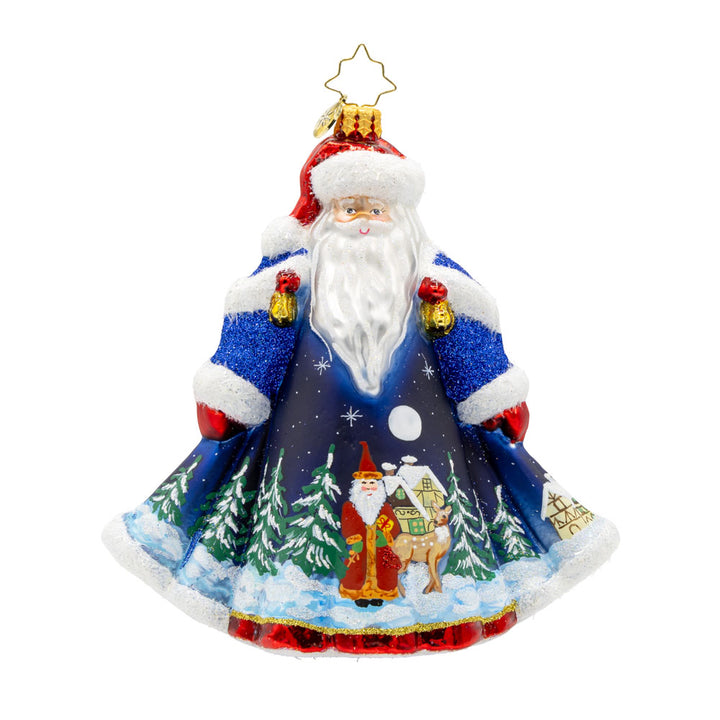 Santa of the Midnight Sky ornament. Santa dons a blue robe with a hand painted scene of him journeying through the night on Christmas Eve. View of front.