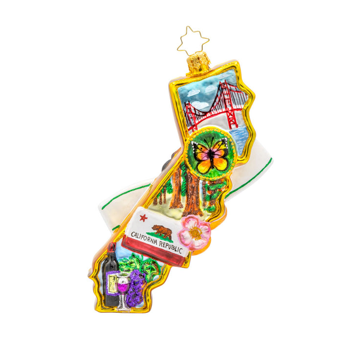 A tribute to the diverse landscapes and iconic landmarks that make California so extraordinary. One-of-a-kind California ornament. View of back.