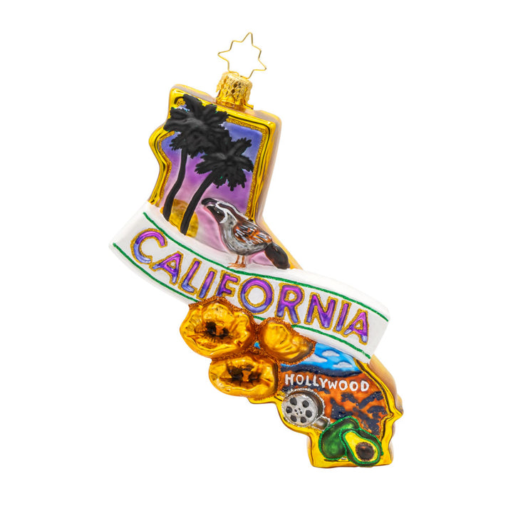 A tribute to the diverse landscapes and iconic landmarks that make California so extraordinary. One-of-a-kind California ornament. View of front.