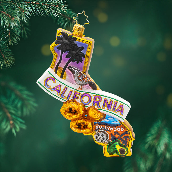 A tribute to the diverse landscapes and iconic landmarks that make California so extraordinary. One-of-a-kind California ornament. View of front.