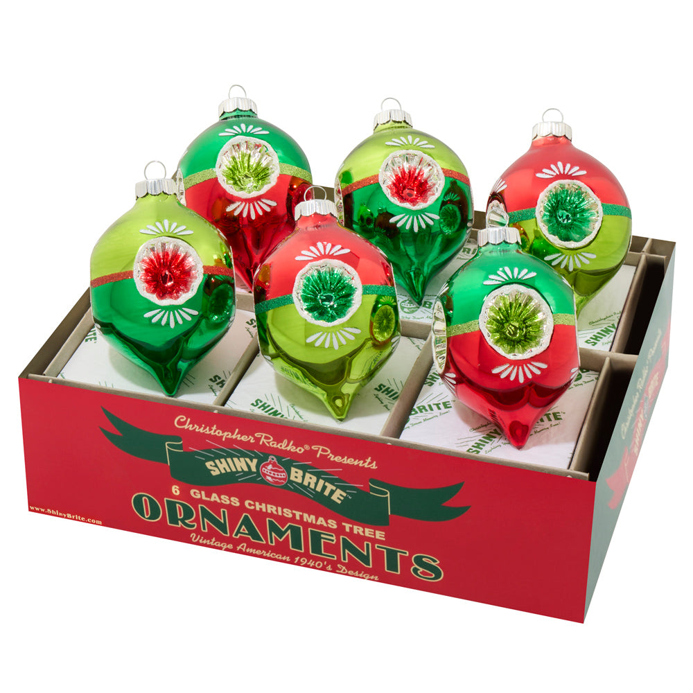 6 count Shiny Brite multi-reflector tulip ornament set in classic red and green.