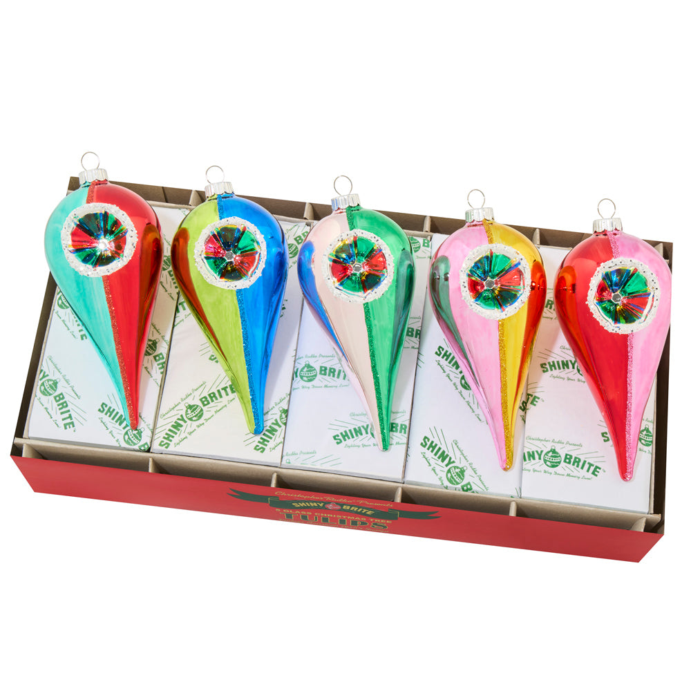 5 count Shiny Brite reflector tulip ornament set features bright colors and a dazzling sparkle.