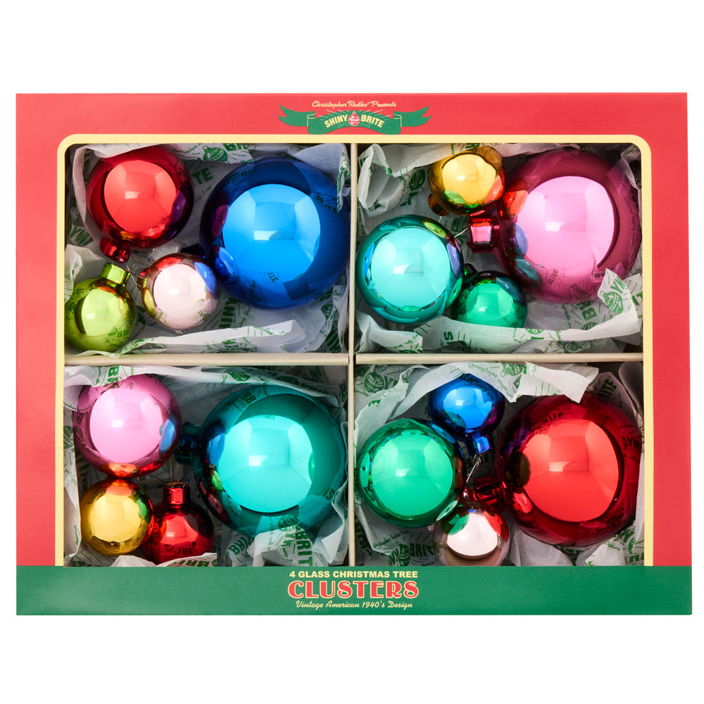 4 count Shiny Brite cluster ornament set features festive glass ornament clusters in various sizes and bright vintage colors.