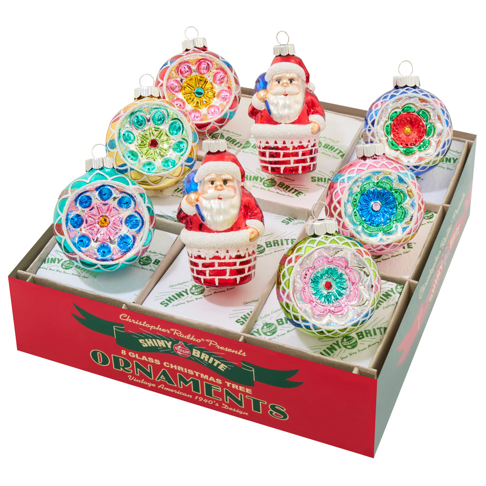 6 reflector rounds and 2 vintage Santa ornaments in bright Christmas confetti colors.