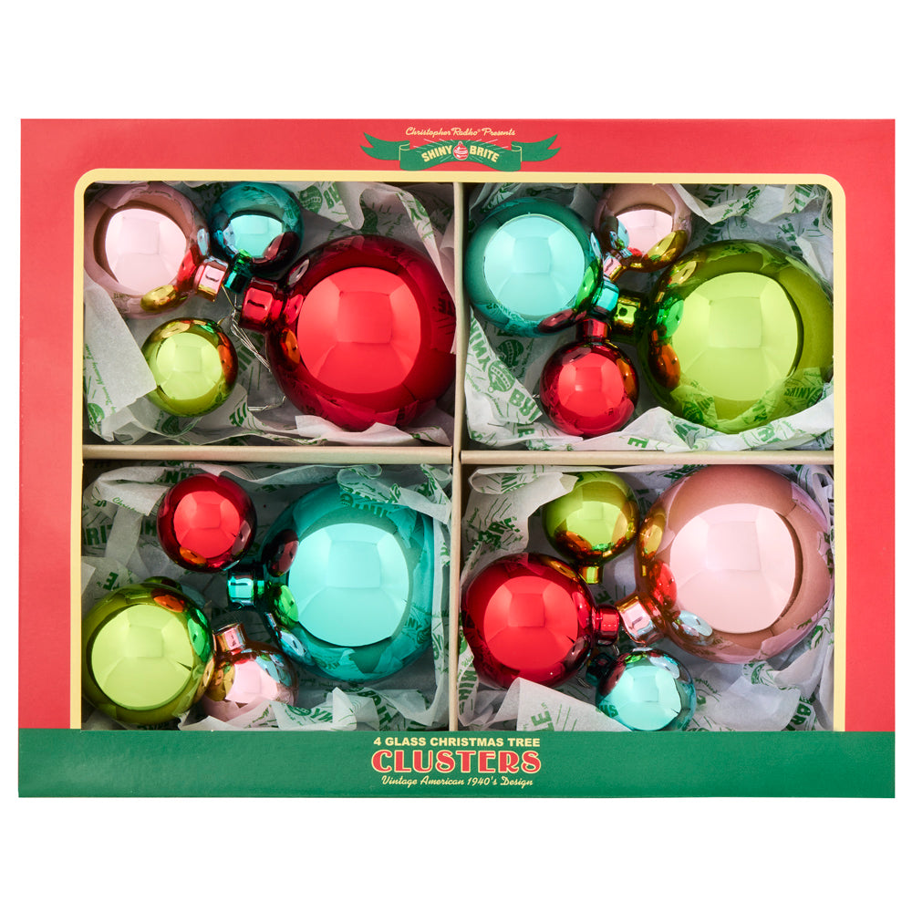 4 count Festive Fete Shiny Brite cluster set. Vibrant, clustered ornaments in various sizes.