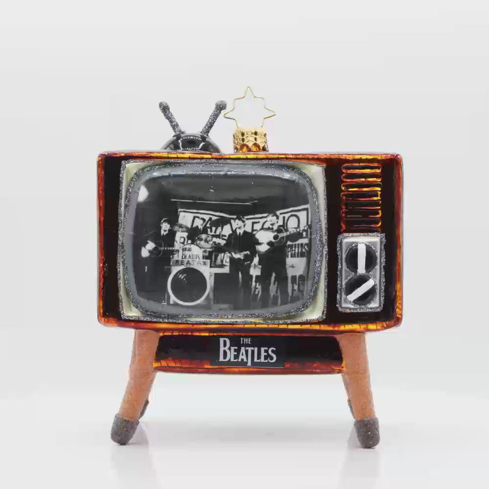 Beatles Television Tribute ornament.  Nostalgic TV ornament featuring the iconic Beatles band. Video.