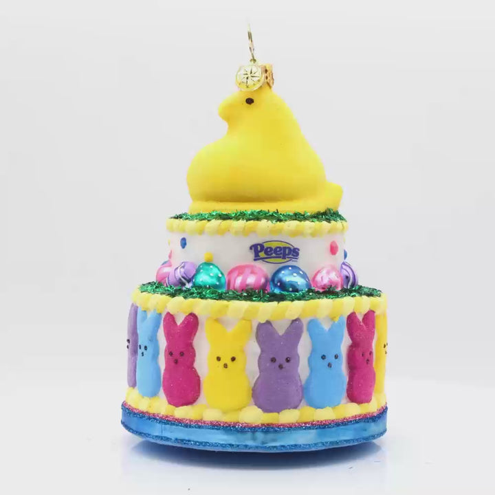 This charming PEEPS cake ornament is stacked with colorful candies and cute shapes. Video.