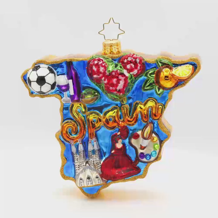 España Elegance ornament. This ornament captures the essence of Spain, featuring iconic landmarks and cultural elements. Video.