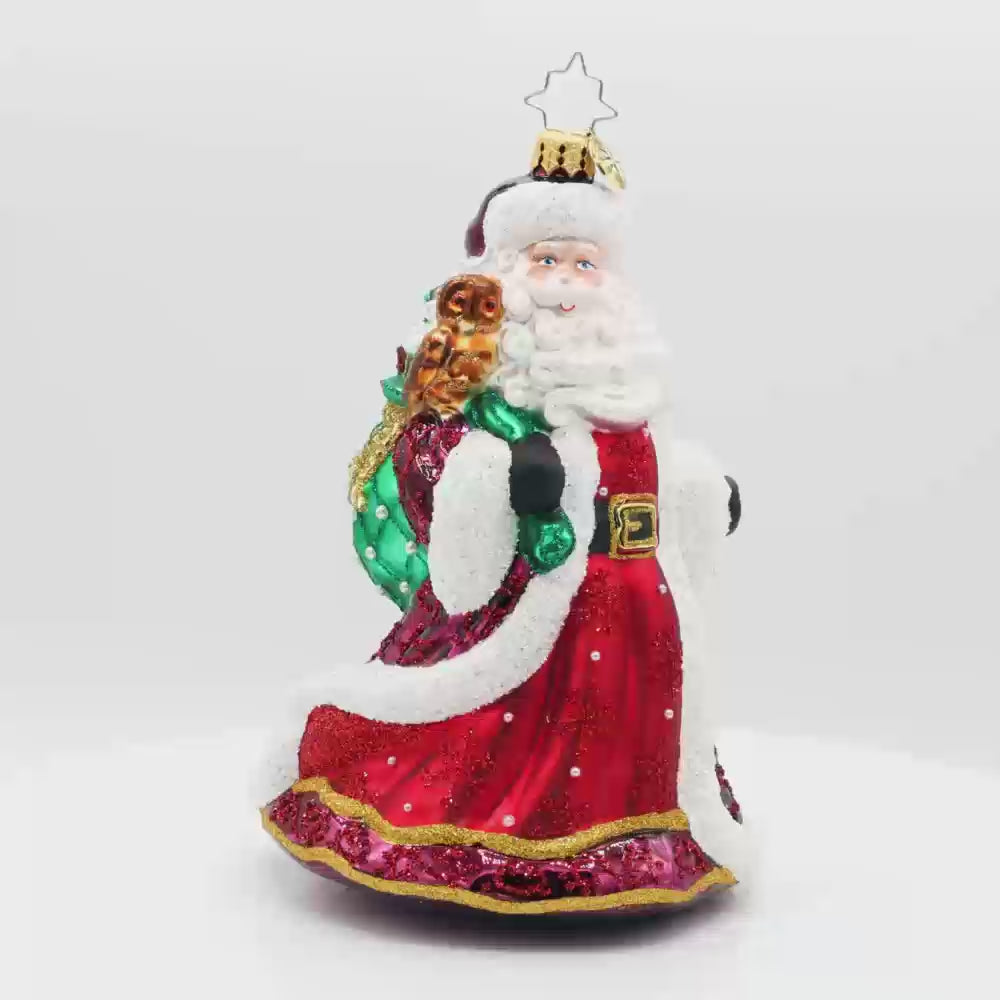 This elegant Christmas ornament captures a captivating portrayal of Santa Claus and his wise owl companion. Video.