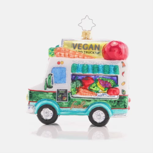 Video - Ornament Description - Veggie Express: Toting fresh veggies and fruits around town, this fantastic food truck has something delicious to offer for everyone. This video shows the ornament spinning slowly. 