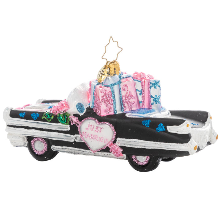 Back - Ornament Description - Wedding Day Getaway: Now that's what I call a getaway car! Send the newlyweds off in style in this classic cruiser decorated with wedding florals and filled with wedding gifts.