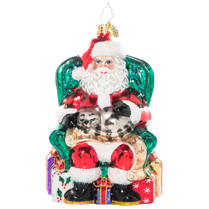 Front - Ornament Description - Purr-fectly Relaxed: Even the kitty knows that who's lap is the best seat in the house! Santa curls up with his feline friend and relaxes in his chair as he unwinds from a busy day of Christmas magic-making.