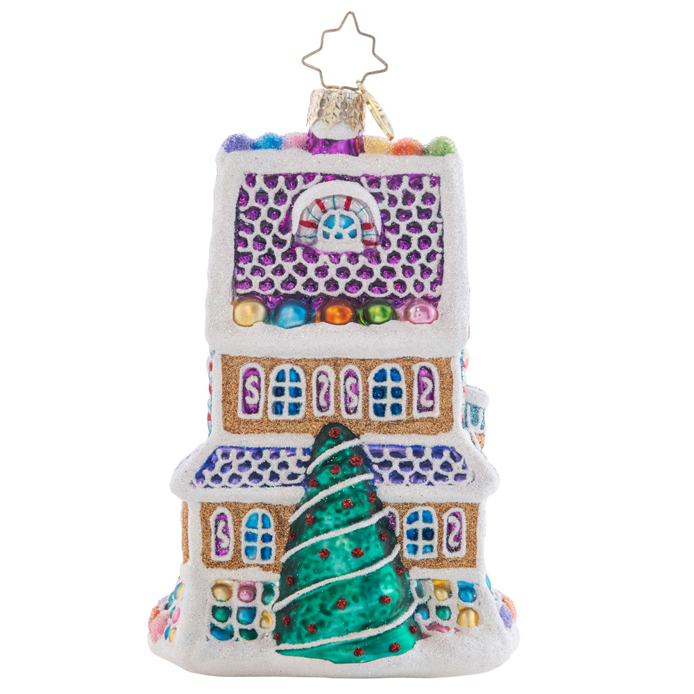 Back - Ornament Description - Sweet Chalet: Charmingly dusted with icing snow drifts and colorful gumdrops, this magnificent tri-level treat is the sweetest gingerbread house on the block!