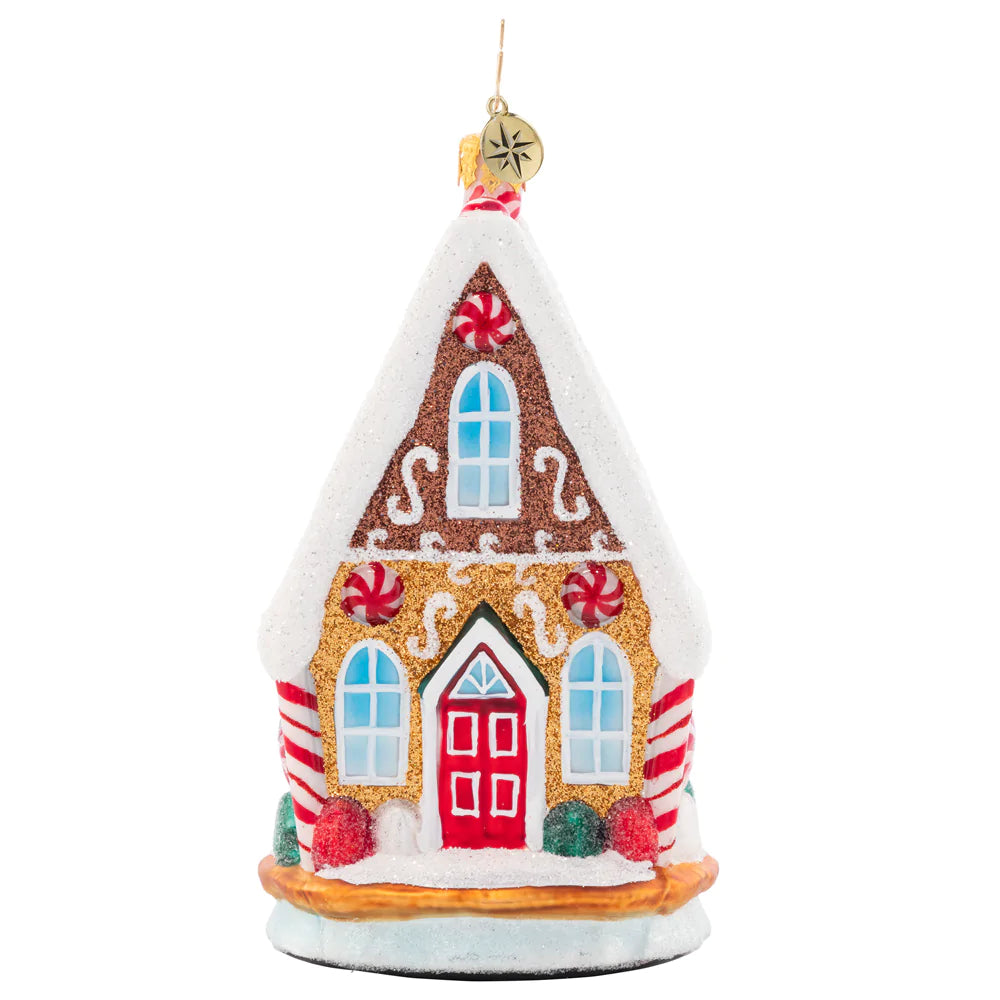 Front - Ornament Description - Sweetest Chalet: That's one cozy-looking cookie chalet! Adorned with snow made of icing, gooey gumdrops, and peppermint accents, this little house sure sweetens up the neighborhood.