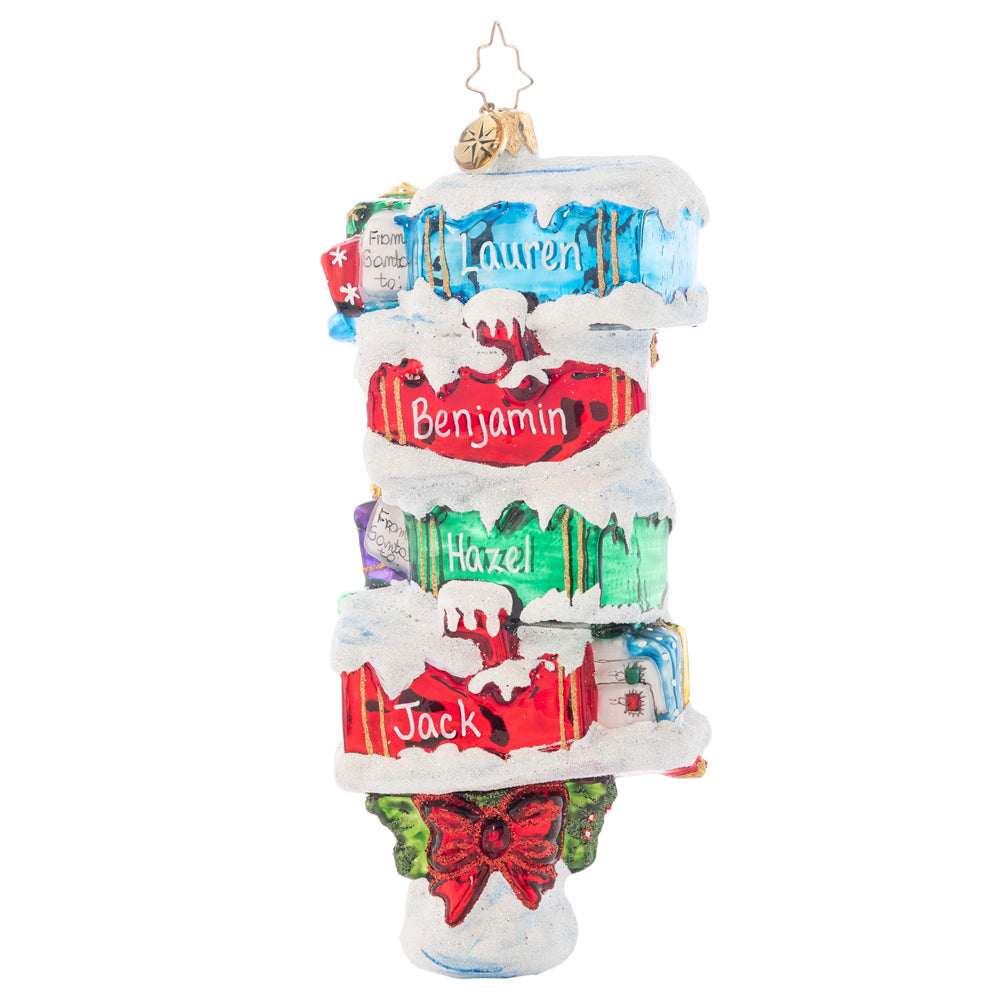 Back - Ornament Description - Reindeer Mail Delivery!: It's a reindeer mail delivery! Dasher, Donner, and the gang can't wait to receive their holiday cards, letters, and gifts! Note: Please allow approximately one month (on top of shipping time) for our elves to personalize your ornament.