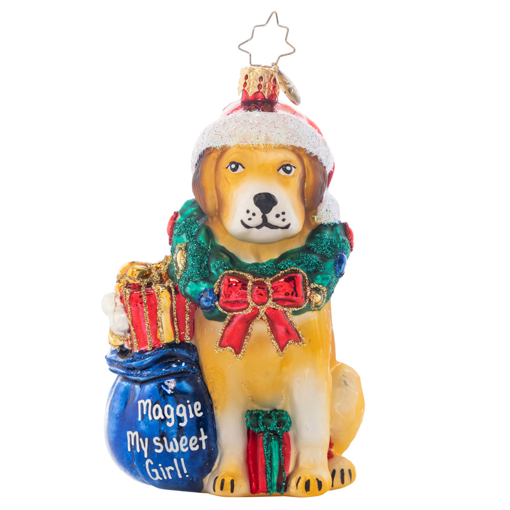 Ornament Description - Noble Yellow Lab: Now you can personalize an ornament for your favorite pup! This yellow lab is ready to celebrate Christmas with the family! Kind and loyal this lab is enthusiastic to play the game fetch and go swimming on this holiday full of fun and family! Note: Please allow up to one month (on top of shipping time) for our elves to personalize your ornament.