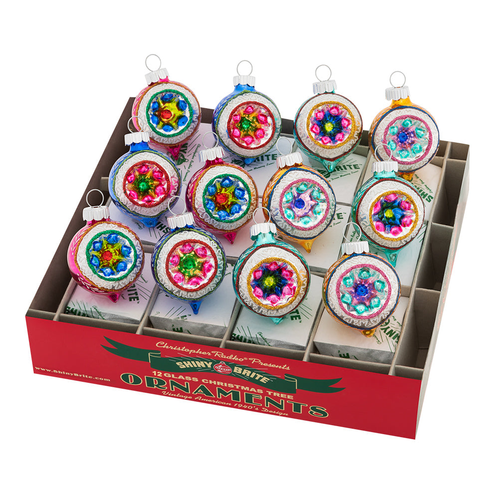 Ornament Set Description - Christmas Confetti 12 Count 1.75" Decorated Reflector Rounds