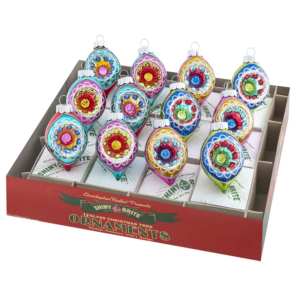 Boxed Set Ornament Description - Christmas Confetti 12 Count 1.75" Decorated Reflector Tulips: This collection of twelve stunning glass tulip ornaments shine in bright vintage-inspired color combinations. Bring them home to add some sparkle to your tree!